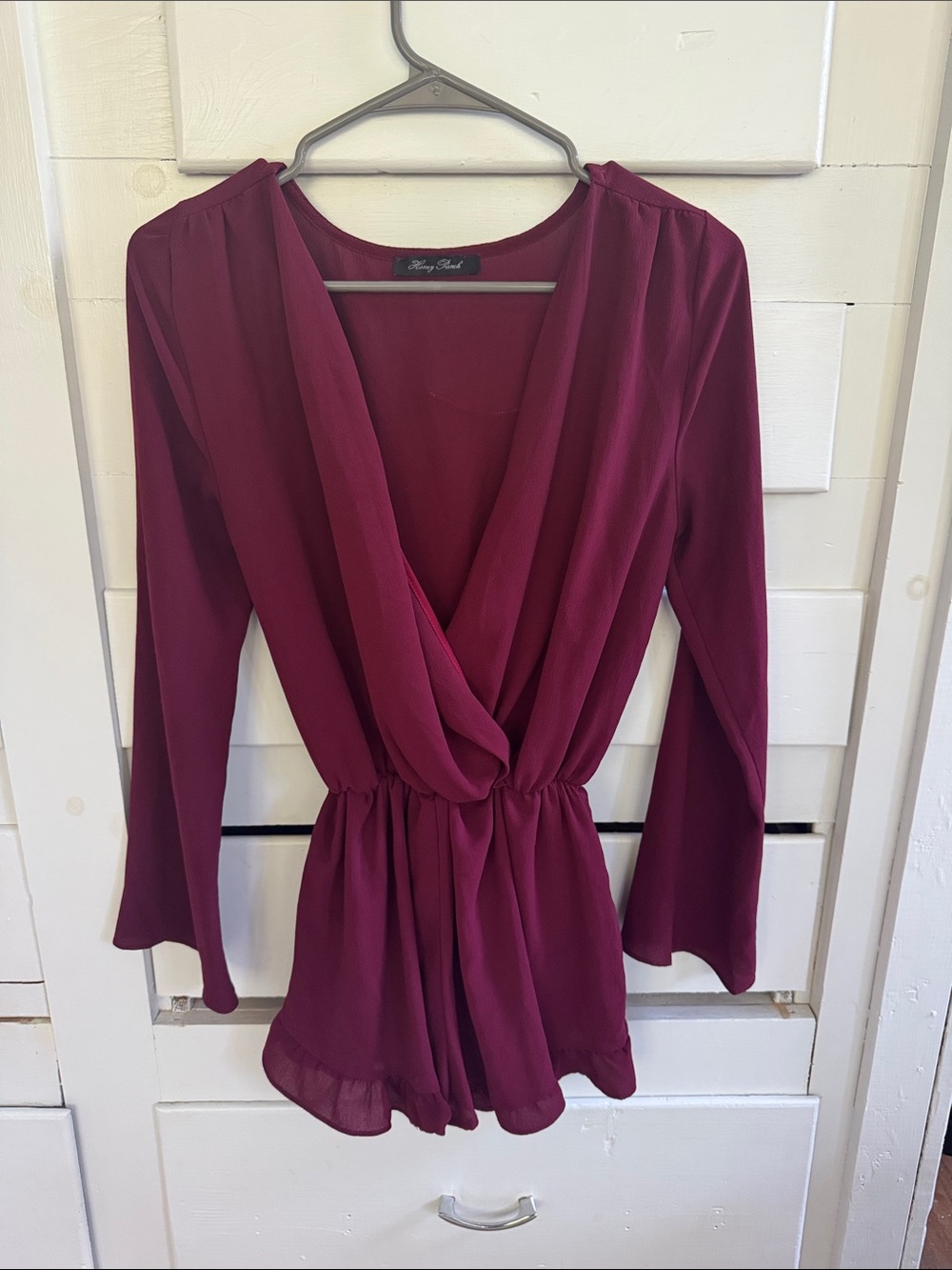 Wine/Burgundy Surplice Long Sleeve Romper